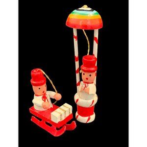 WOODEN HAND-PAINTED 1970s Sleigh Hot Air Balloon Miniatures Red White Ornaments